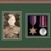 Teak picture frame for two military medals/photo with forest green mount