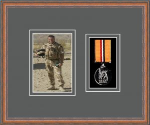 Teak picture frame for one military medal/photo with grey mount