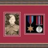 Mahogany picture frame for two military medals/photo with beaujolais mount