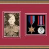 Walnut picture frame for two military medals/photo with beaujolais mount