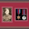 Dark walnut picture frame for two military medals/photo with beaujolais mount