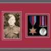 Oak picture frame for two military medals/photo with beaujolais mount