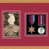 Light woodgrain picture frame for two military medals/photo with beaujolais mount