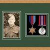 Light woodgrain picture frame for two military medals/photo with forest green mount