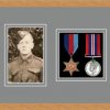 Light woodgrain picture frame for two military medals/photo with grey mount