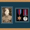 Light woodgrain picture frame for two military medals/photo with nightshade mount