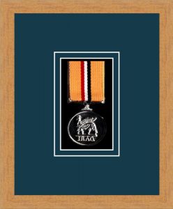 Light woodgrain picture frame for one military medal with nightshade mount