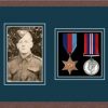 Dark woodgrain picture frame for two military medals/photo with nightshade mount