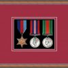 Teak picture frame for three military medals with beaujolais mount