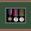 Teak picture frame for three military medals with forest green mount