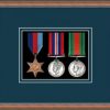 Teak picture frame for three military medals with nightshade mount