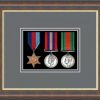 Mahogany picture frame for three military medals with grey mount