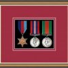Walnut picture frame for three military medals with beaujolais mount