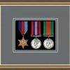 Walnut picture frame for three military medals with grey mount