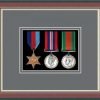 Dark walnut picture frame for three military medals with grey mount