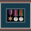 Dark walnut picture frame for three military medals with nightshade mount