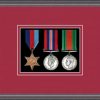 Oak picture frame for three military medals with beaujolais mount
