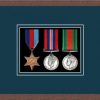 Dark woodgrain picture frame for three military medals with nightshade mount