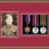 Teak picture frame for three military medals/photo with beaujolais mount