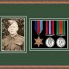 Teak picture frame for three military medals/photo with forest green mount