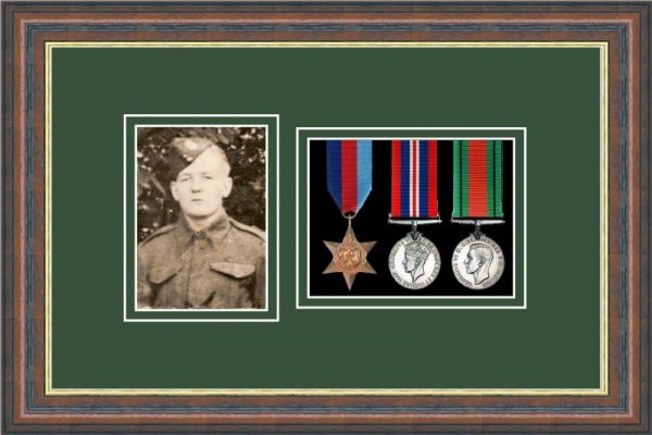 Mahogany picture frame for three military medals /photo with forest green mount