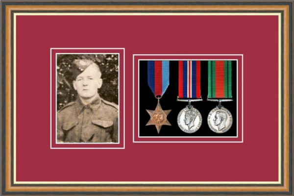 Walnut picture frame for three military medals /photo with beaujolais mount