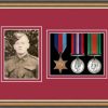 Walnut picture frame for three military medals /photo with beaujolais mount
