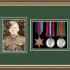 Walnut picture frame for three military medals /photo with forest green mount