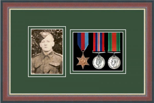 Dark walnut picture frame for three military medals /photo with forest green mount