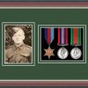 Dark walnut picture frame for three military medals /photo with forest green mount