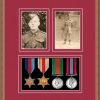 Teak picture frame for four military medals/two photos with beaujolais mount