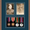 Teak picture frame for four military medals/two photos with nightshade mount