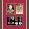 Mahogany picture frame for four military medals/two photos with beaujolais mount