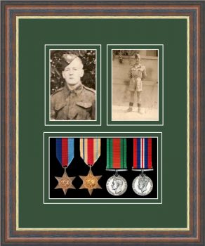 Mahogany picture frame for four military medals/two photos with forest green mount