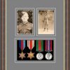 Mahogany picture frame for four military medals/two photos with grey mount
