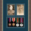 Mahogany picture frame for four military medals/two photos with nightshade mount