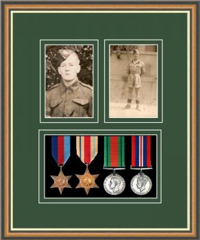 Walnut picture frame for four military medals/two photos with forest green mount