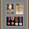 Walnut picture frame for four military medals/two photos with grey mount