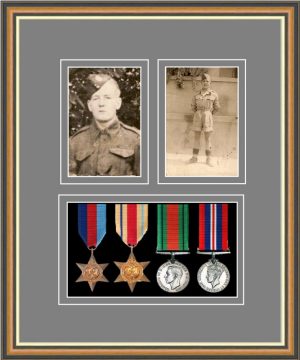 Walnut picture frame for four military medals/two photos with grey mount