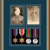 Walnut picture frame for four military medals/two photos with nightshade mount