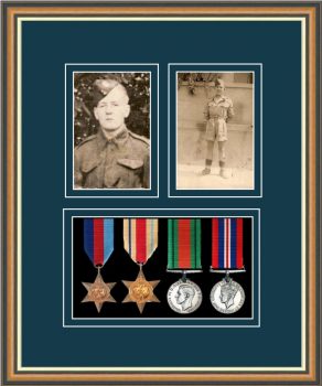 Walnut picture frame for four military medals/two photos with nightshade mount