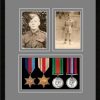 Black picture frame for four military medals/two photos with grey mount