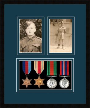 Black picture frame for four military medals/two photos with nightshade mount