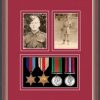 Dark walnut picture frame for four military medals/two photos with beaujolais mount