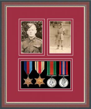 Dark walnut picture frame for four military medals/two photos with beaujolais mount