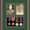 Dark walnut picture frame for four military medals/two photos with forest green mount