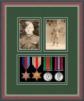 Dark walnut picture frame for four military medals/two photos with forest green mount