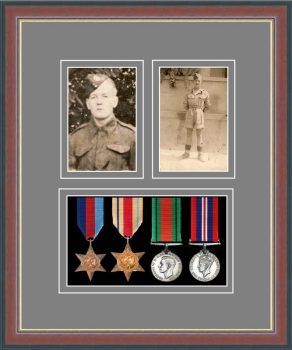 Dark walnut picture frame for four military medals/two photos with grey mount