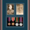 Dark walnut picture frame for four military medals/two photos with nightshade mount