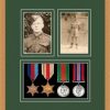 Light woodgrain picture frame for four military medals/two photos with forest green mount